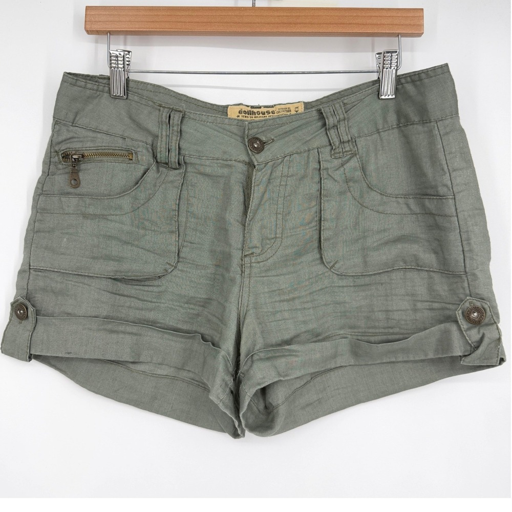Dollhouse Women Utility Shorts Green Size‎ 11 Ramie Cargo Military Survival
